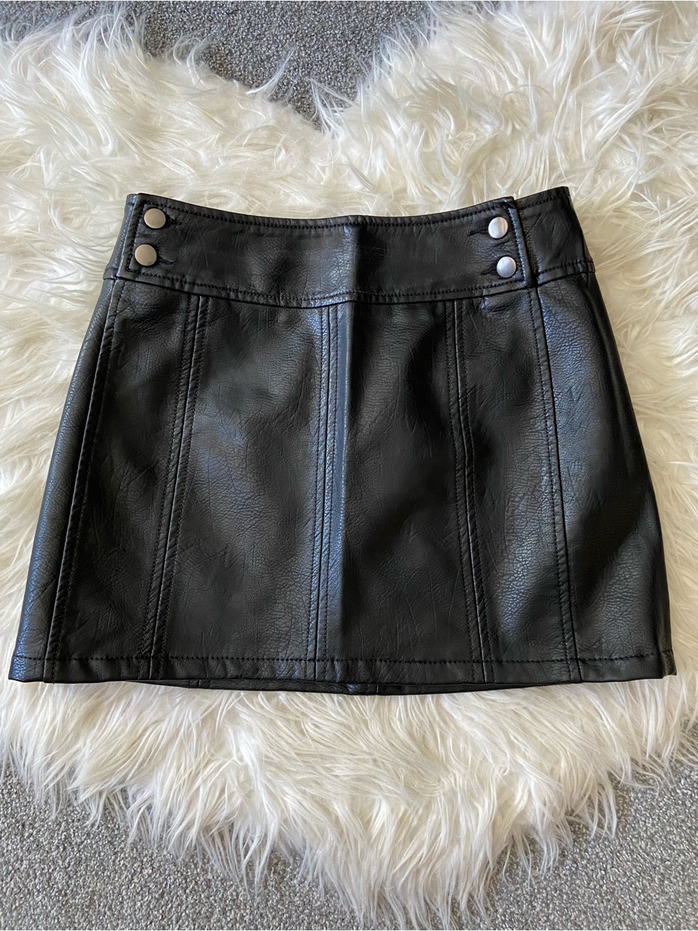Free People Black Faux Leather Mini Skirt with Snap-Trim Waist